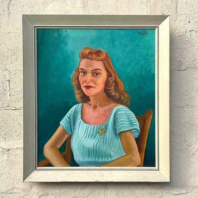 Vintage Boho 1952 Original Oil Portrait on Canvas For Sale - Image 10 of 10