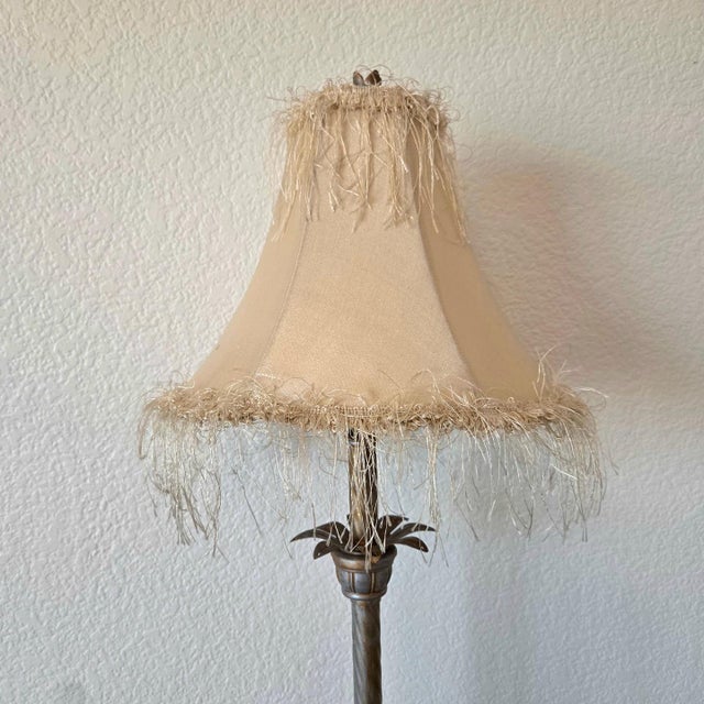 Shabby Chic 1970s Traditional Silver Metallic Table Lamp With Beige Bell Fringe Shade For Sale - Image 3 of 11