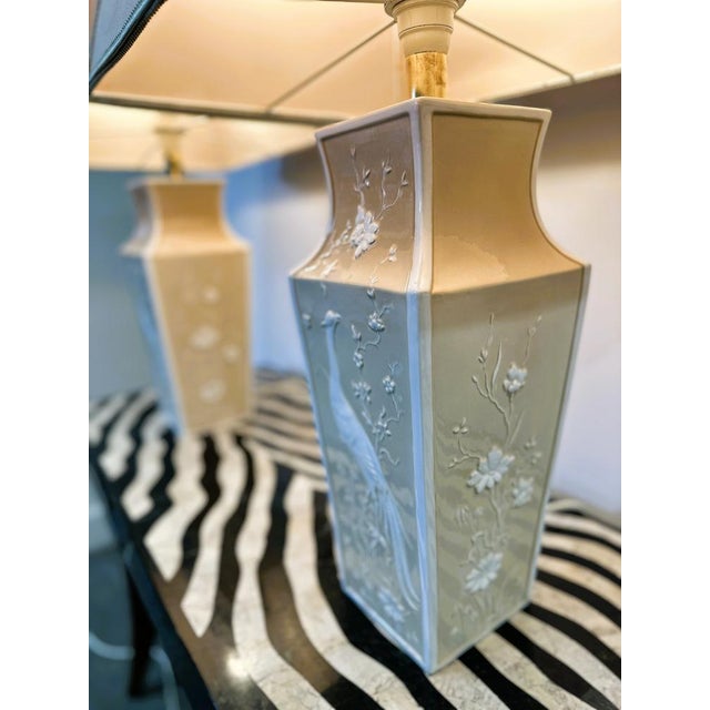 Large Cream Ceramic Table Lamps with Relief Peacocks and Fabric Shades, Set of 2 For Sale - Image 13 of 16