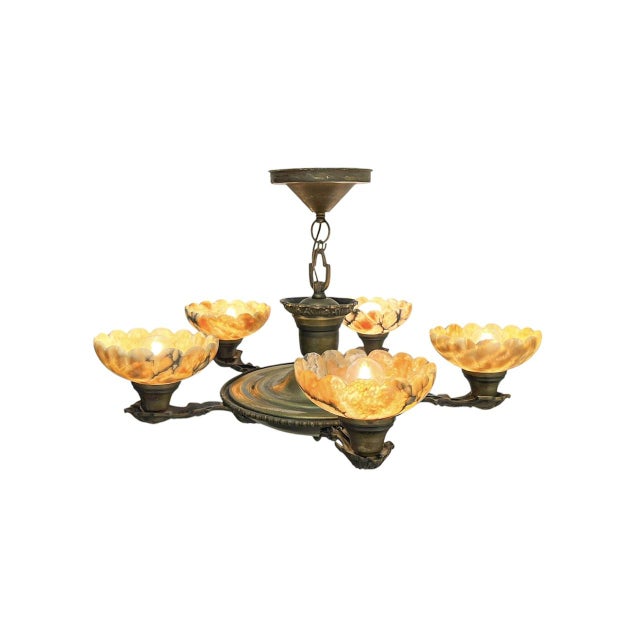Art Deco Brass and Alabaster Pendant Chandelier, 1930s For Sale - Image 9 of 12