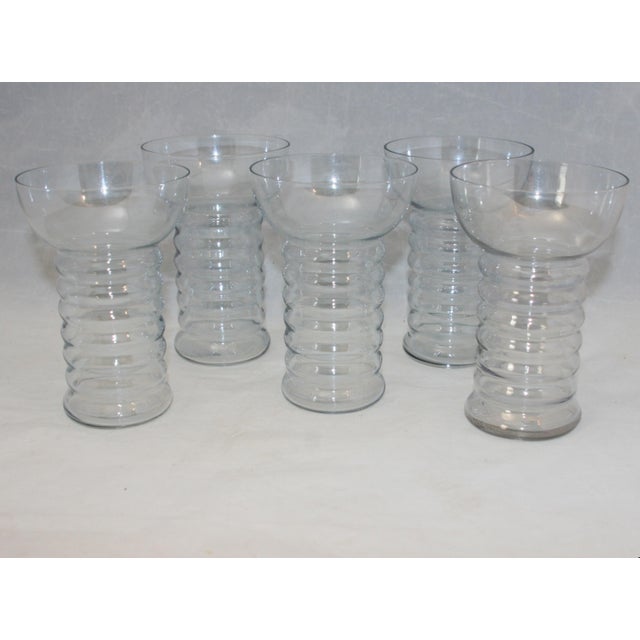 Glass 1930s Art Deco Dunbar Aramis Iridescent Ice Blue Ringed Glasses Set of 5 For Sale - Image 7 of 8