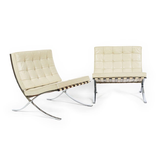 Knoll Mid Century Cream Barcelona Chairs by Mies Van Der Rohe for Knoll, 1980s For Sale - Image 4 of 18