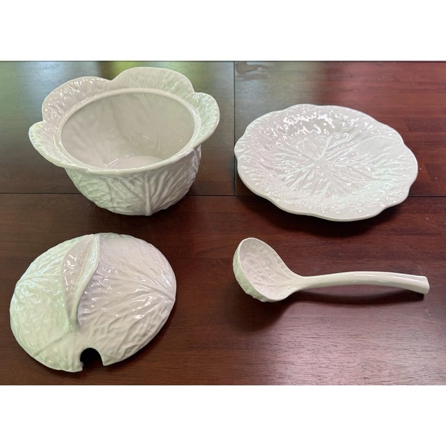 Mid-Century Modern Vintage White Cabbage Majolica Ware Soup Tureen W/ Underplate For Sale - Image 3 of 5
