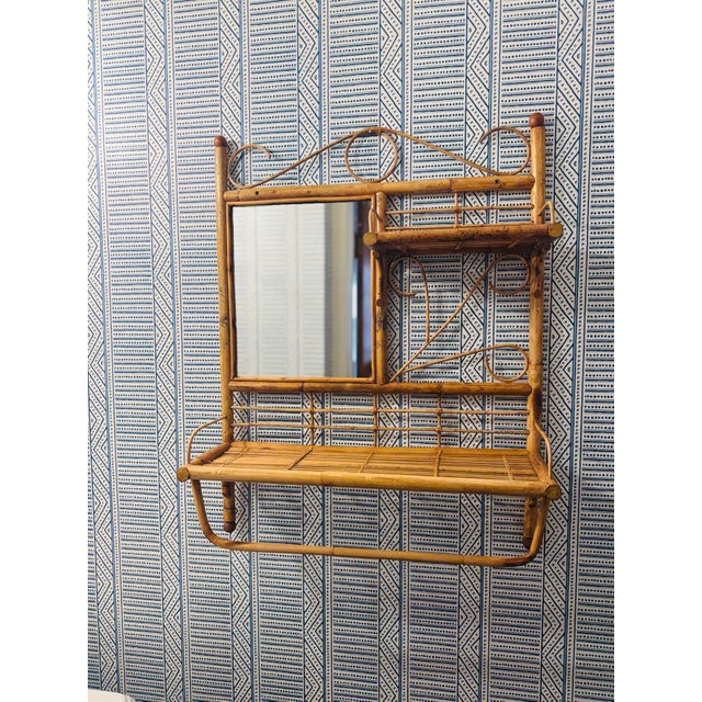 Vintage Bamboo Wall Shelf With Mirror and Towel Rack For Sale - Image 6 of 10