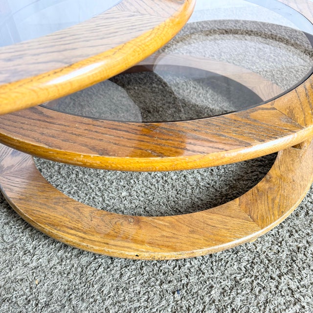 Mid Century Modern Three Tier Oak and Smoked Glass Swivel Coffee Table For Sale - Image 9 of 10