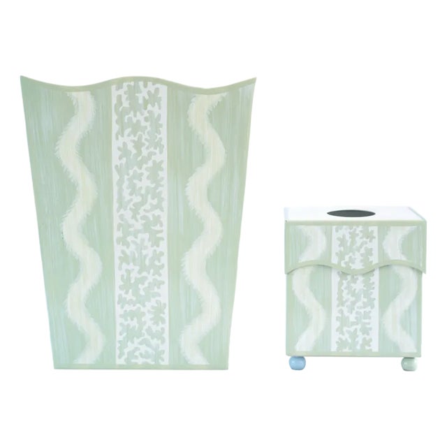 Green Ikat Tole Waste Basket & Tissue Box Set For Sale
