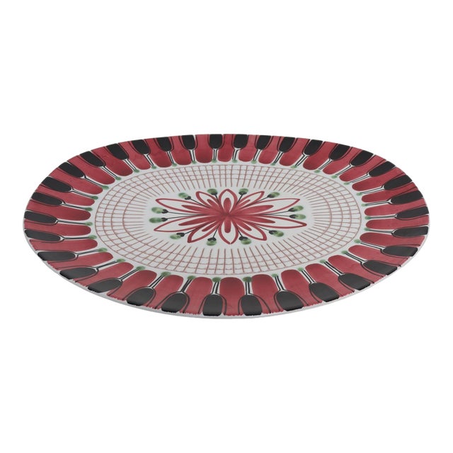 Scandinavian Geometric and Floral Hand-Painted Fajance Platter by Elle Norway For Sale