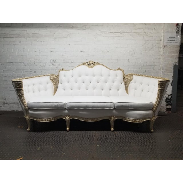 Antique Victorian Carved Wood Sofa With Ivory Linen Fabric White