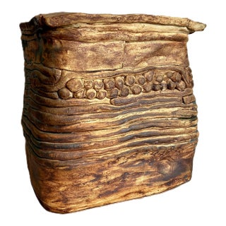 Vintage 1970s Beige Hand Build Coil Mid Century Stoneware Planter/ 70s Huge Art Vessel /Modernist Ceramic Art Studio Pottery For Sale