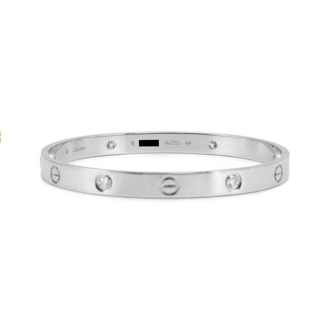 Silver Cartier Love Classic Model 4 Diamonds 18k White Gold Iconic Bangle Bracelet For Sale - Image 8 of 10