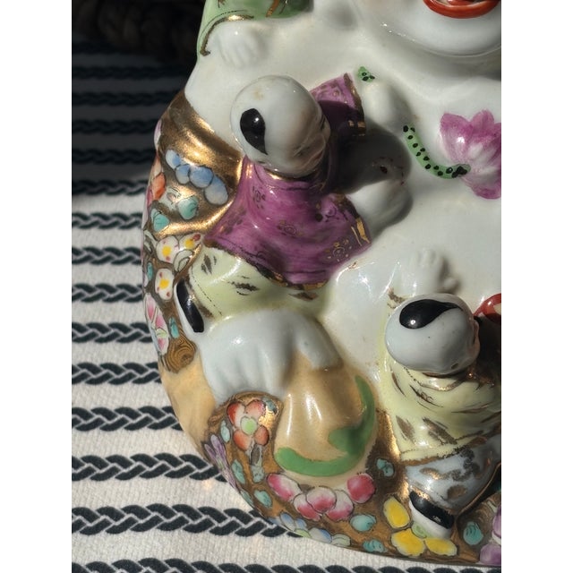 Vintage Chinoiserie Style / Palm Beach Style Famille Rose Porcelain Laughing Buddha With Five Children For Sale - Image 4 of 15