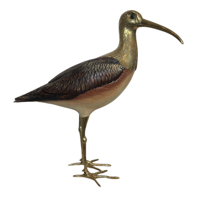 Sculpture representing a bird in polychrome wood and brass. Italian work signed For Sale