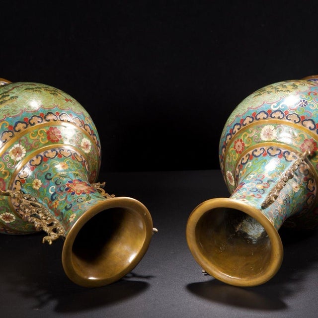 Pair of Monumental Chinese Cloisonné "Crane & Pine" Vases With Gilt Dragon Handles - 7.5kg For Sale In Los Angeles - Image 6 of 9