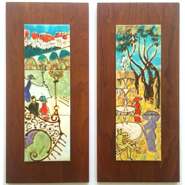 Harris Strong Vintage Mid Century Modern Hand Painted Ceramic Tile Walnut Wood Wall Art Panels - Set of 2 For Sale - Image 13 of 13