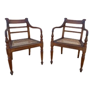 Mid 19th Century Antique Regency Anglo-Indian Elbow Chairs With Caned Seats - a Pair