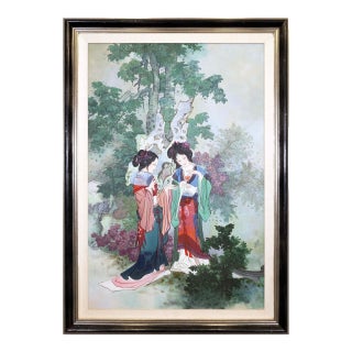Hua Sanchuan Viewing Flowers Contemporary Figurative Asian Acrylic Painting on C For Sale