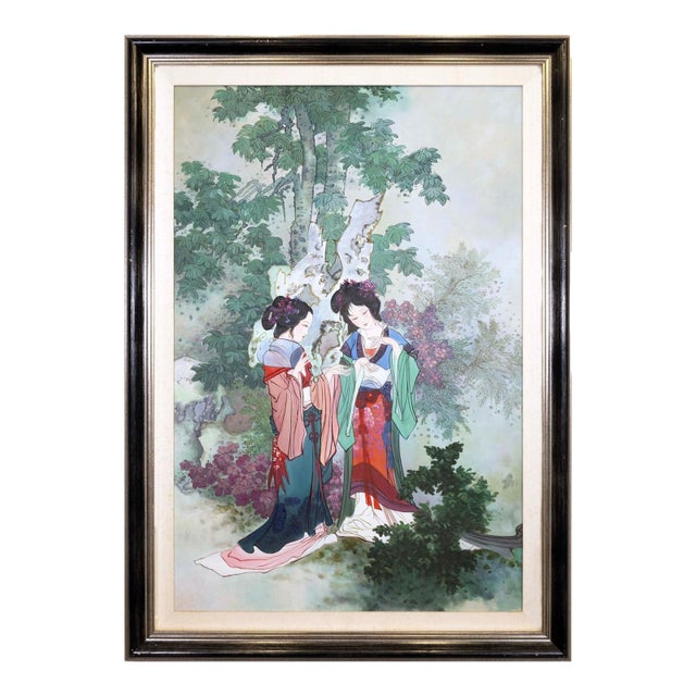 Hua Sanchuan Viewing Flowers Contemporary Figurative Asian Acrylic Painting on C For Sale