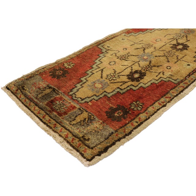 51504 Vintage Turkish Yastik Rug, 01'06 x 03'03. This hand-knotted wool vintage Turkish Yastik rug is a captivating piece...