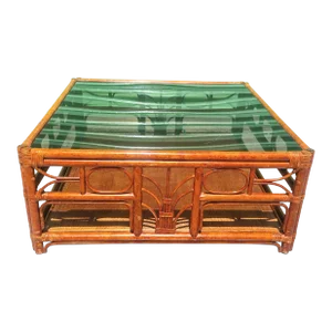 Vintage Huge Tortoiseshell Style Faux Finished Rattan Square Coffee Table