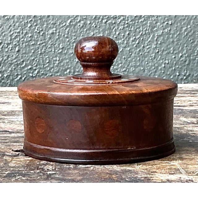 Vintage Round Wood Inlay Trinket Box For Sale - Image 14 of 15