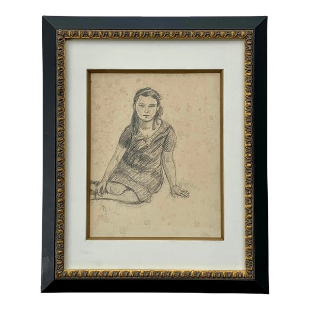 1930s Young Girl Vintage Sketch Framed For Sale