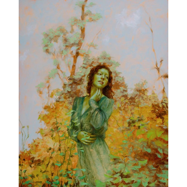 Girl in Green I by Dana Hawk | Oil on panel of a woman in a green dress among foliage For Sale