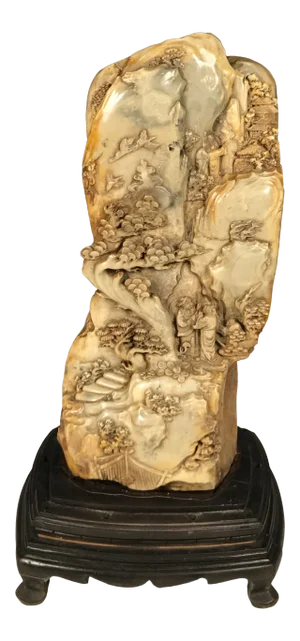 Chinese Large Carved Solid Soapstone Mountain Scenery With Wooden Base