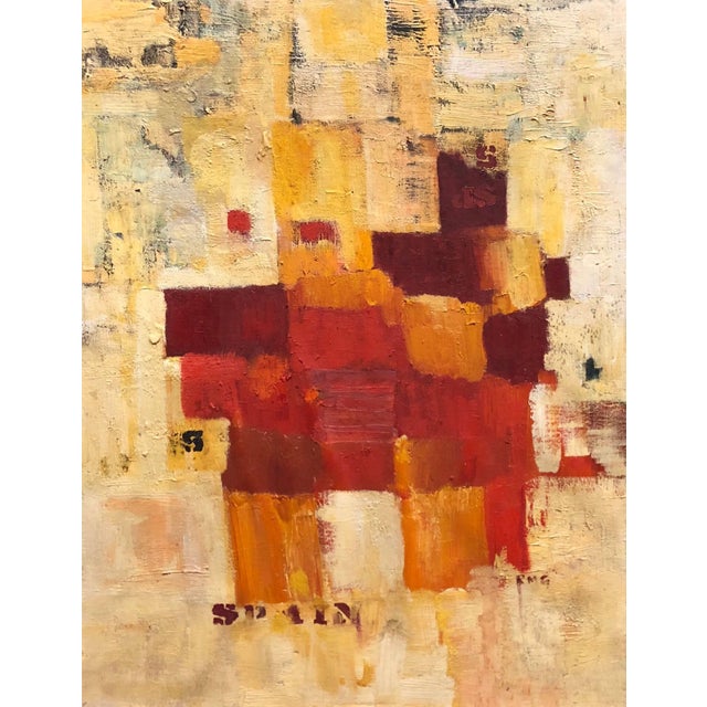 Mid century modern colorful abstract with stencilled letters and number.