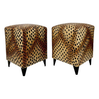 Vintage Boho Chic Hollywood Regency Coastal Leopard Woven Rattan Stools - A Pair. For Sale