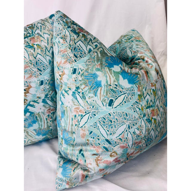 Transitional Printed Velvet in Aqua 22” Pillows-A Pair For Sale - Image 3 of 6