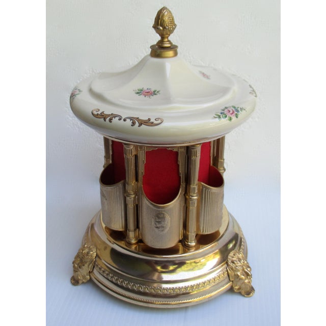 Vintage C.1960's Rouge Italian Porcelain Capodimonte HandPainted & Brass Musical Box Carousel