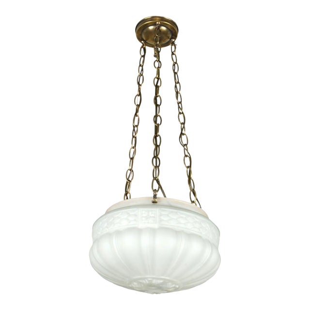 Mid 20th Century Restored White Glass Bowl Brass Chain Pendant Light For Sale