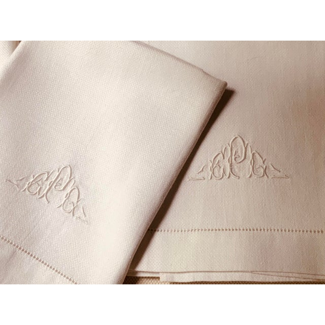 French Antique Monogrammed Linen Hand Towels, Embroidered Monogram, Hemstitched, Set of 3 | C. 1930s | Nantucket Estate For Sale - Image 3 of 15