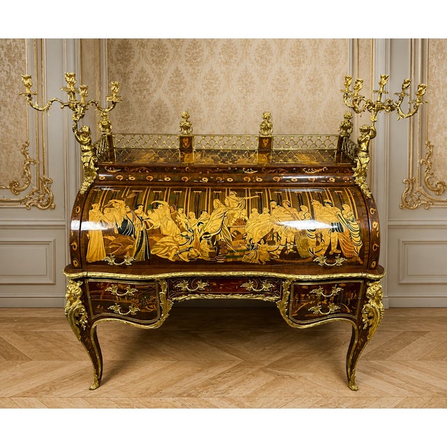 Tan Louis XV Style Cylinder Desk in Wood Marquetry For Sale - Image 8 of 8