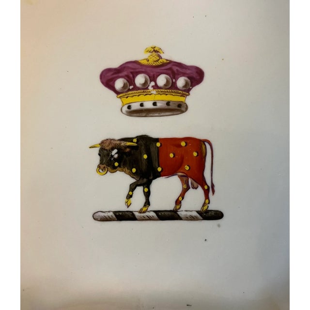 Antique early 19th century George III Coalport porcelain square dessert dish circa 1810. Decorated with a cow or bull...