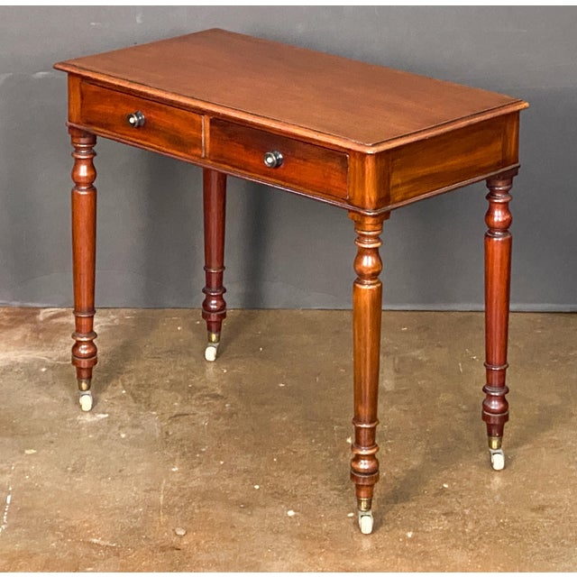 19th Century English Writing Desk or Side Table of Mahogany With Two Drawers on Casters For Sale - Image 5 of 11