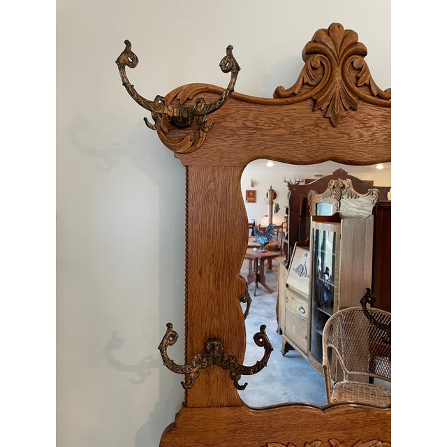 Wood Vintage Oak Hall Tree W/ Cast Iron Coat Hooks For Sale - Image 7 of 12