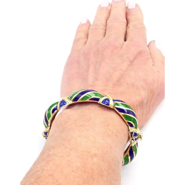 Vintage Tiffany & Co. 18k Yellow Gold Green Blue Enamel Bangle Bracelet For Sale - Image 10 of 10