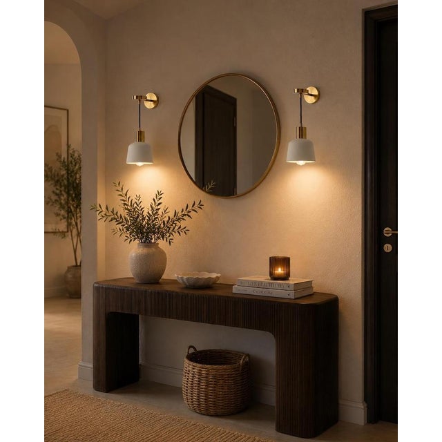 Handmade Brass Wall Sconce With White Shade | Mid-Century Modern Hallway Lighting For Sale - Image 6 of 13