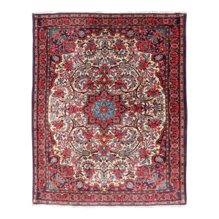 Vintage Persian Bidjar Rug With Ivory Field and Blue Medallion Design For Sale