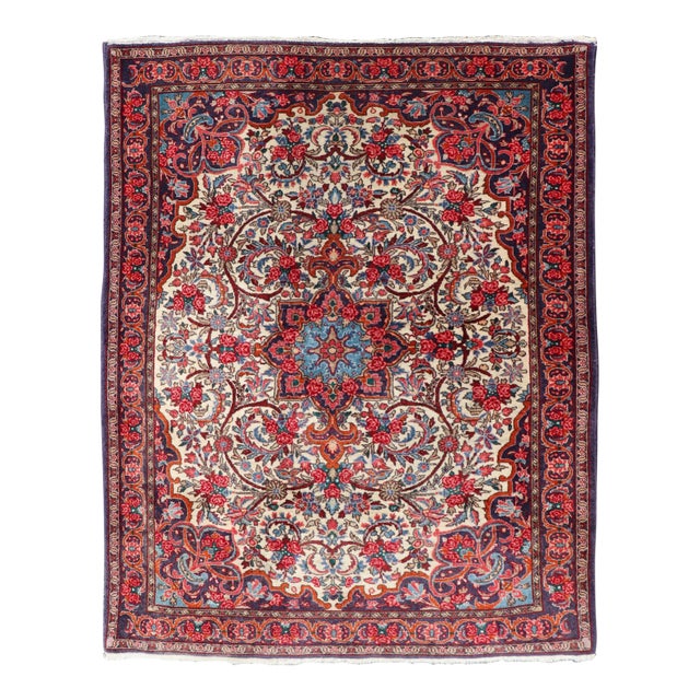 Vintage Persian Bidjar Rug With Ivory Field and Blue Medallion Design For Sale