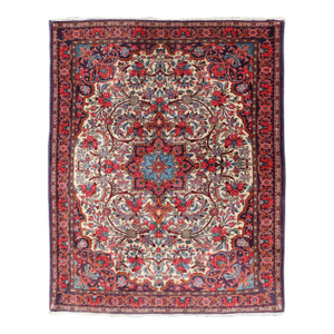 Vintage Persian Bidjar Rug With Ivory Field and Blue Medallion Design