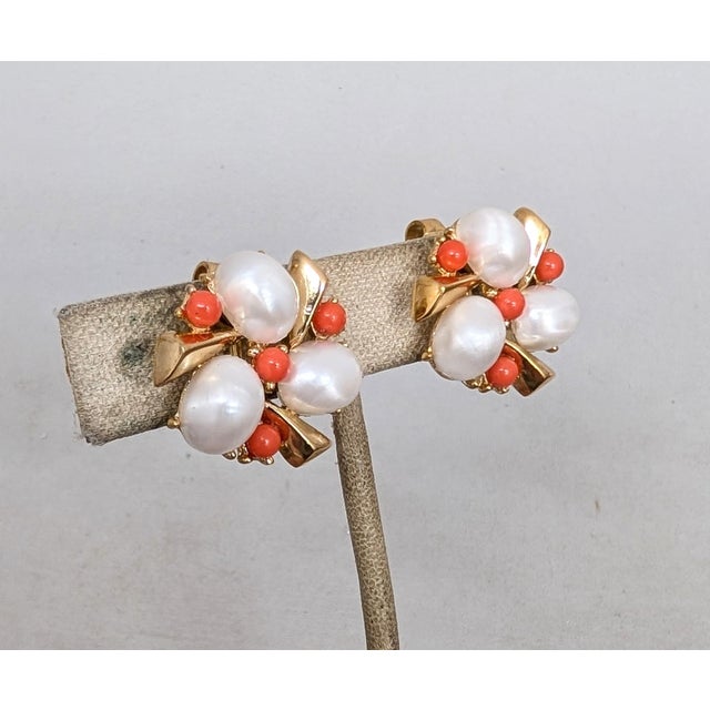1950s Vintage 1959 Signed Crown Trifari Faux-Pearl & Cabochon Faux-Coral Clip Earrings-2 Pieces For Sale - Image 5 of 8