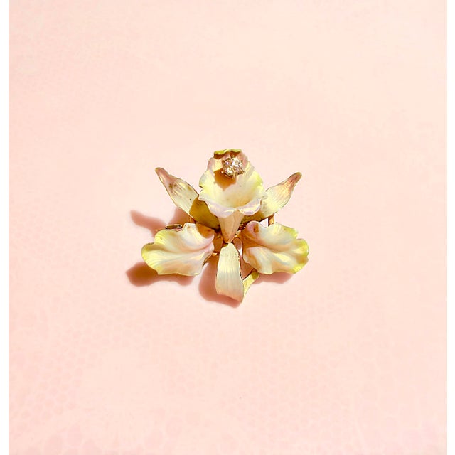 Metal Antique Whiteside & Balnk 14k Iridescent Enamel Orchid Brooch For Sale - Image 7 of 10