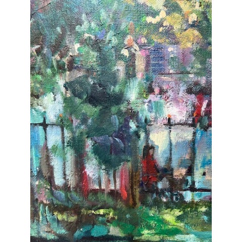 Wood Vintage Framed Impressionist Painting of Garden Pond With Rowboat, Signed "Spehar," For Sale - Image 7 of 14