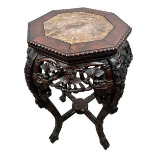 Antique Chinese Rosewood Hand Carved Octagonal W Marble Insert Pedestal or Table For Sale