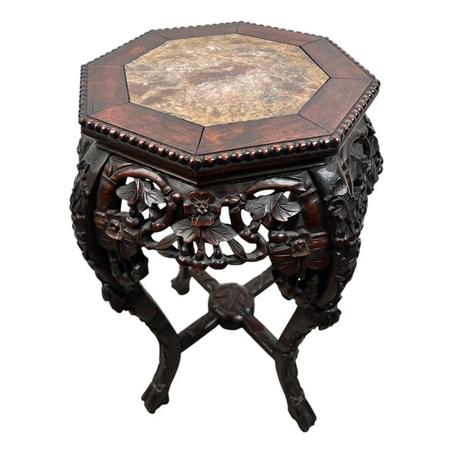 Antique Chinese Rosewood Hand Carved Octagonal W Marble Insert Pedestal or Table For Sale