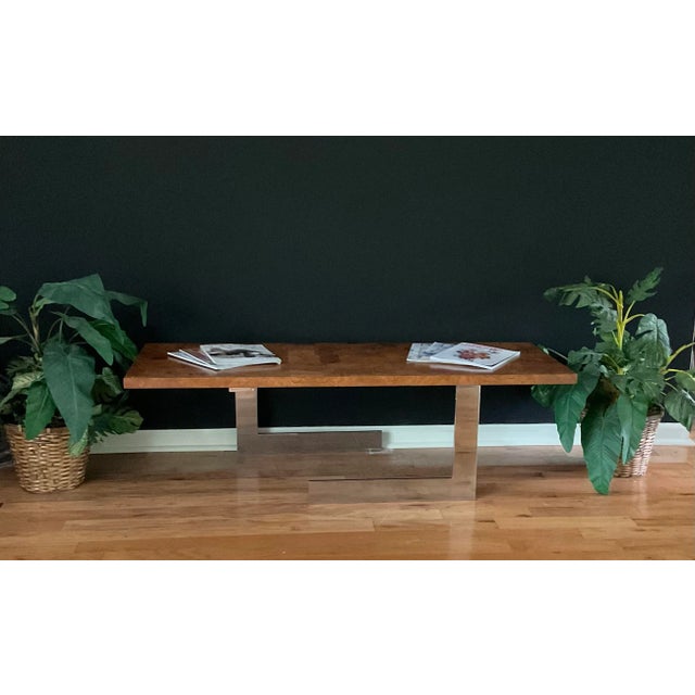 Mid-Century Burl Wood and Stainless Frame Cocktail Table Attributed to Pace Industries For Sale - Image 10 of 13