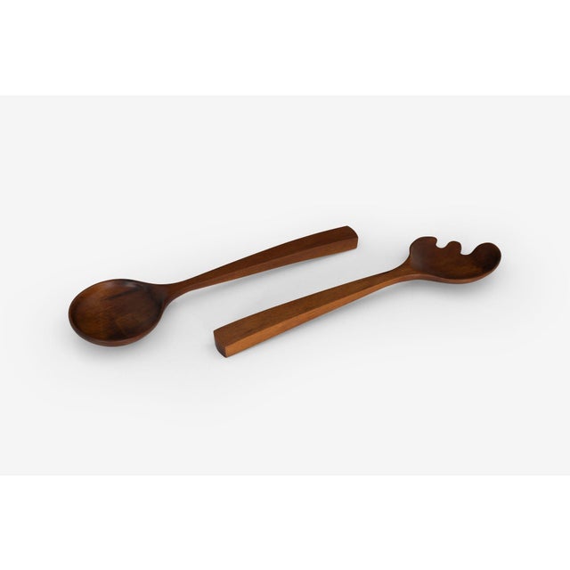 1950s 1957 Arthur Espenet Carpenter Teak Bowl With Utensils- 3 Pieces For Sale - Image 5 of 10