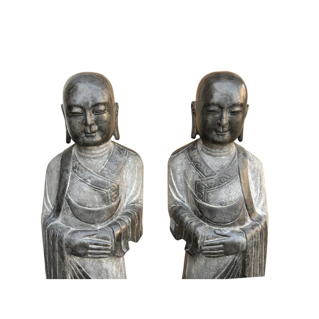 Pair Black Gray Stone Carved Standing Monk Arhat Lohan Statues For Sale In San Francisco - Image 6 of 11